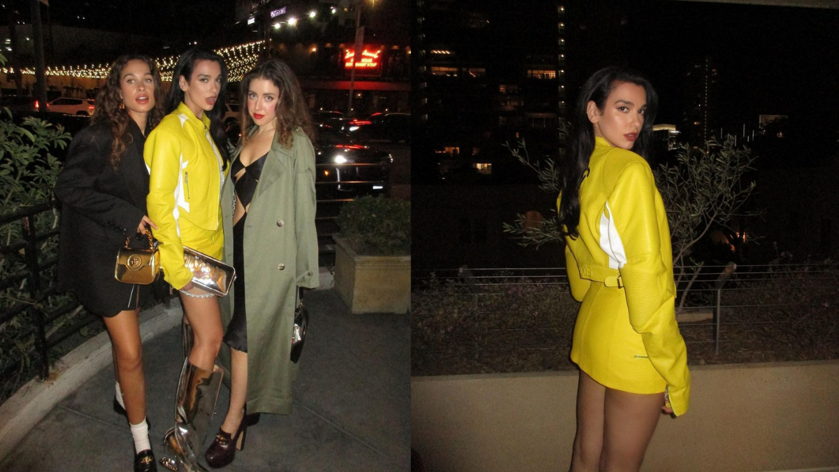 Dua Lipa recently proved that even the most unusual items can serve as stylish footwear when paparazzi photographed her wearing a remarkable pair of metallic fangs boots by GCDS. The boots have fangs on the shoe and heels shaped like sharp human teeth. The "Levitating" singer paired her avant-garde boots with a vivid motorbike jacket in lemon yellow and white with silver hardware with the designer's emblem. She wore the jacket with a white crop top and a matching yellow miniskirt that fell just over her midriff. Dua Lipa carried a faux patent leather baguette bag by Courrèges with a mirror design to complement her look from the 2000s. She donned her edgy look with a diamond statement ring, stud earrings, and a statement necklace. Also Read: Miley Cyrus Stuns Fans With Edgy Look, Shows Off Tattooed Arms In Sizzling Mini Dress Lipa was joined by model Sarah Lysander and actor Ella Jenkin for a fun night out, during which she also shared pictures of herself in a black tube top and straight-leg jeans from Versace's fall 2023 ready-to-wear collection. In the photos, the "Potion" singer blew a kiss to the camera, showcasing her black fur stole, quilted patent leather handbag, and crocodile print evening gloves. As Fashion Month 2023 comes to a close, Lipa's unique footwear and bold fashion choices have certainly made a statement on the runways and the streets. The singer continues to inspire fans with her daring style, proving that fashion can be both fun and fearless. Meanwhile, Dua Lipa has been teasing brand-new songs on her social media, indicating the arrival of her third studio album. Fans anxiously anticipate further details, but the artist hasn't yet said anything about the project.